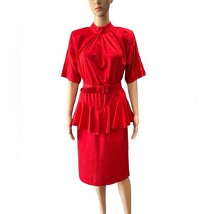 Vintage 70s Lucky Barbara Red Peplum Dress geometric embossed Size -12